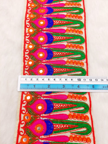 Off White Art Silk Fabric Trim, Paisley Embroidered Trim, Foil Mirror Embroidery